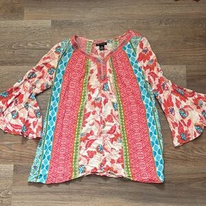 New Directions Multicolor Floral Blouse with Bell Sleeves